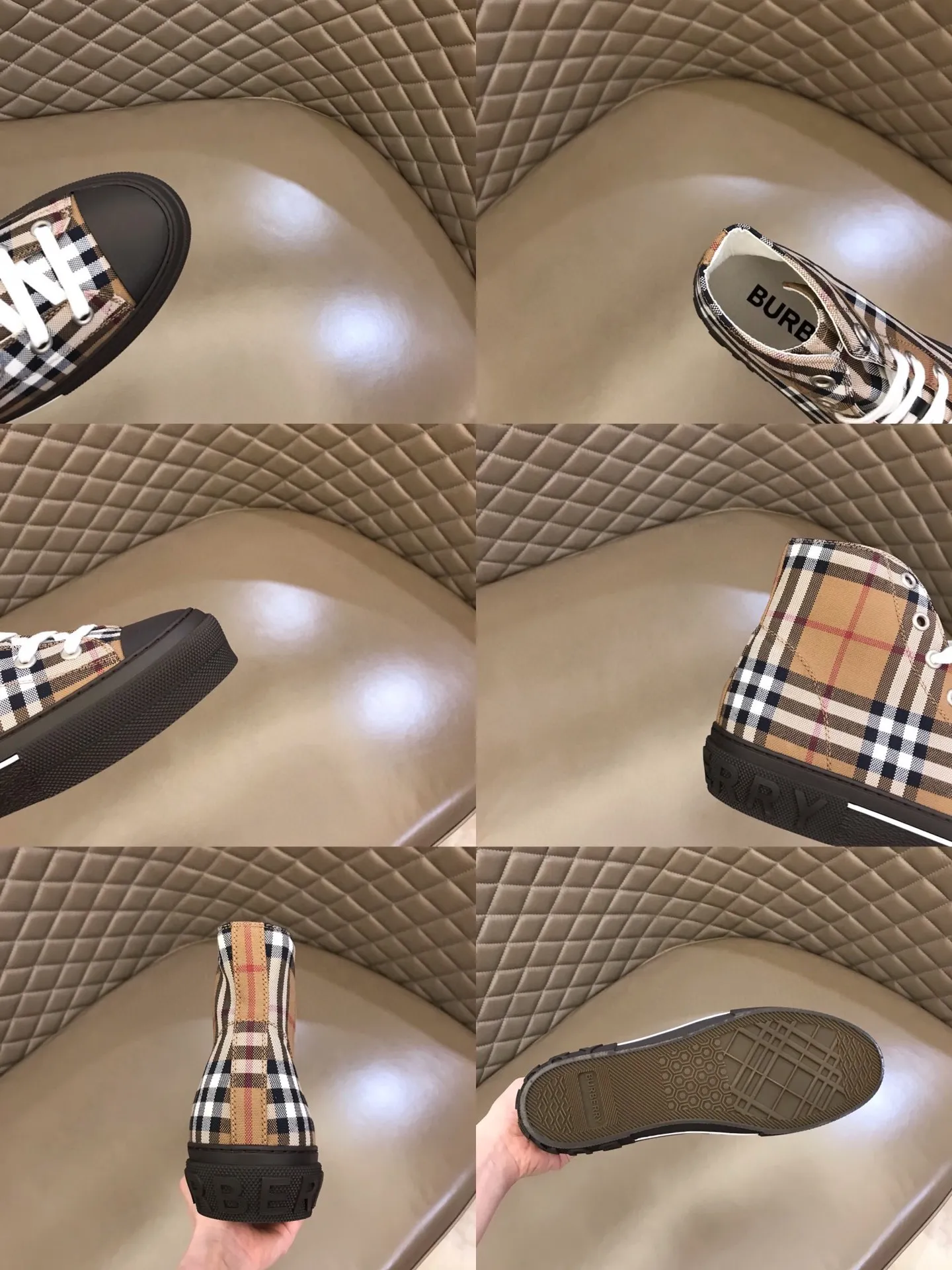 ¥420▫️B’s men’s classic high-top sneakers are reinterpreted in Vintage plaid cotton material and decorated with a new brand logo. First-layer cowhide lining, embossed Burberry logo on the heel, and original TPU outsole! 38-45